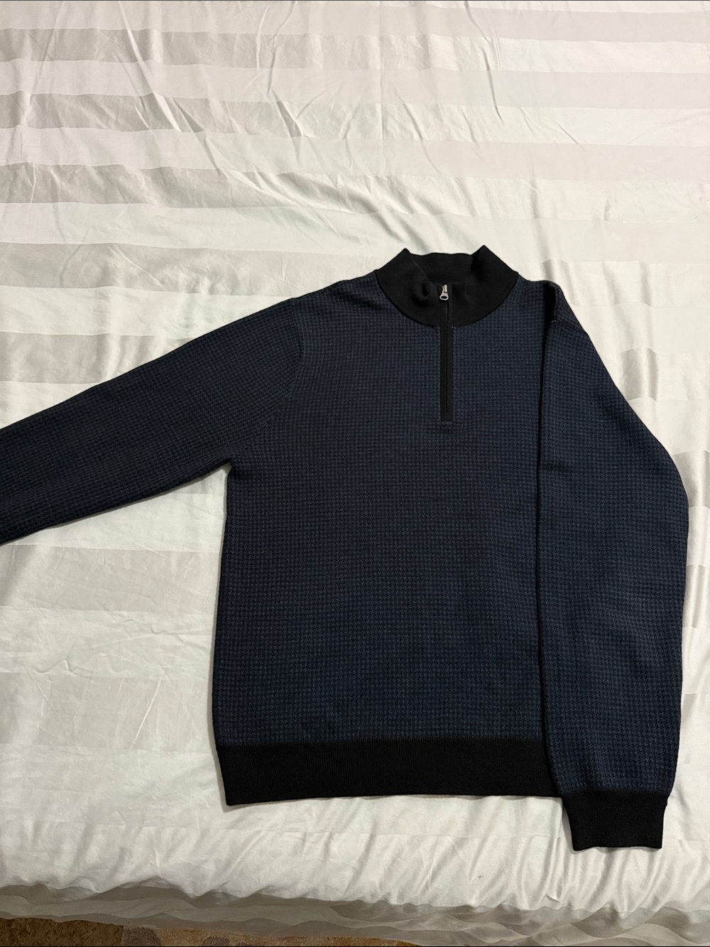 Saks Fifth Avenue Black Label Navy Half-Zip Textured Sweater with Black Trim